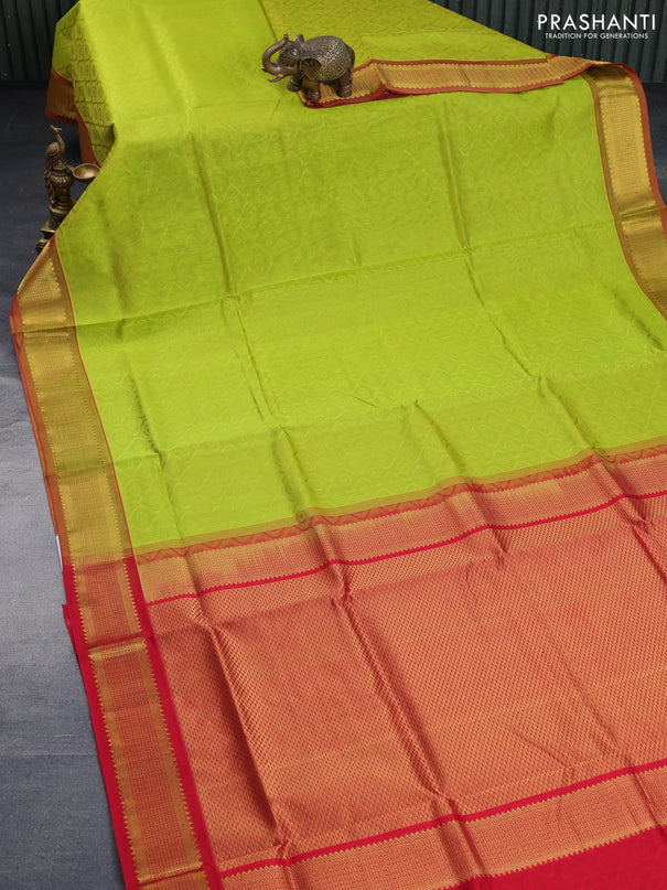 Silk cotton saree flourescent green and red with allover self emboss & jacquard and zari woven border