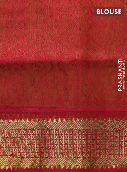 Silk cotton saree flourescent green and red with allover self emboss & jacquard and zari woven border