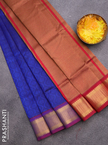 Silk cotton saree blue and maroon with allover self emboss & jacquard and zari woven border