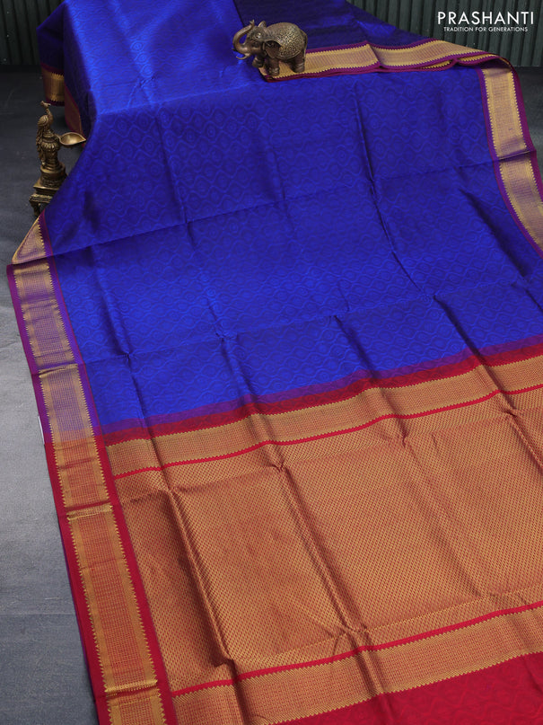 Silk cotton saree blue and maroon with allover self emboss & jacquard and zari woven border