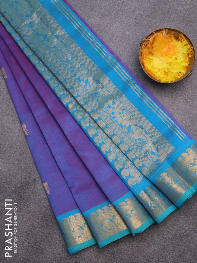 Silk cotton saree dual shade of bluish maroon and cs blue with zari woven buttas and annam zari woven border