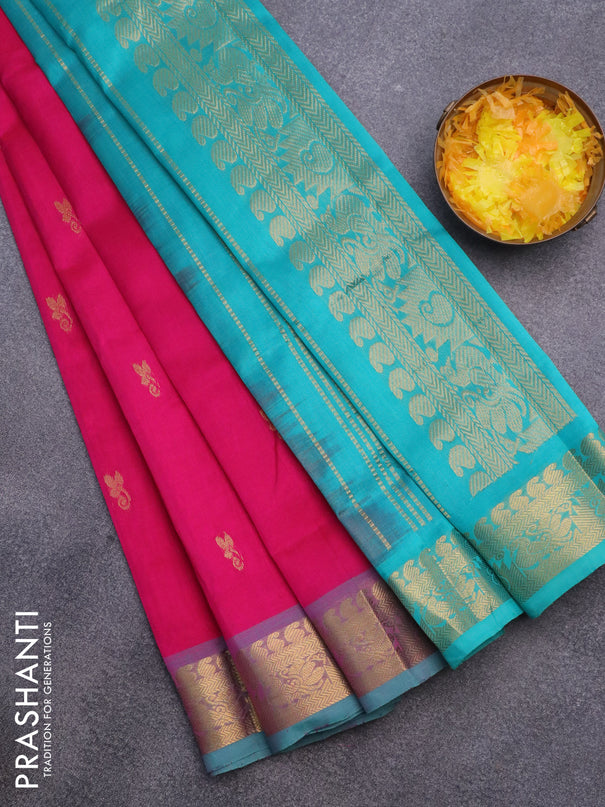 Silk cotton saree pink and teal blue with zari woven buttas and annam zari woven border