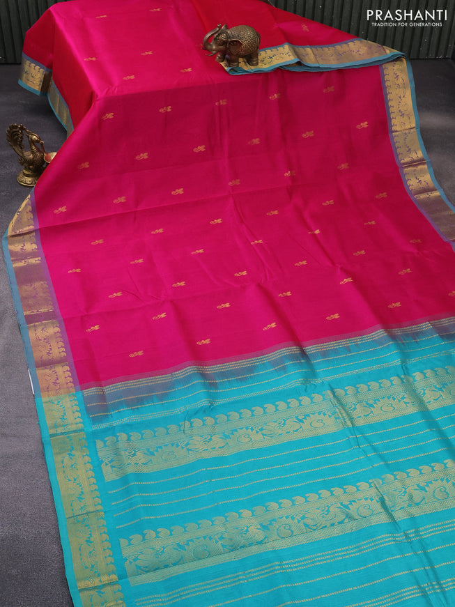 Silk cotton saree pink and teal blue with zari woven buttas and annam zari woven border