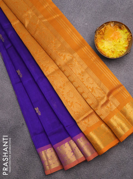 Silk cotton saree blue and mango yellow with zari woven buttas and annam zari woven border