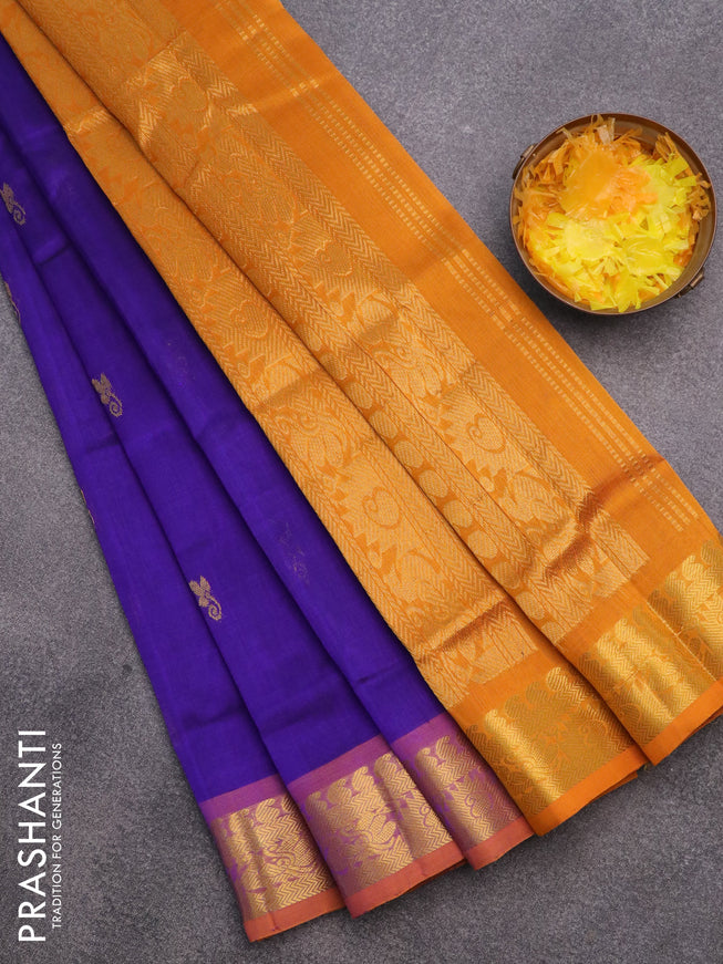 Silk cotton saree blue and mango yellow with zari woven buttas and annam zari woven border