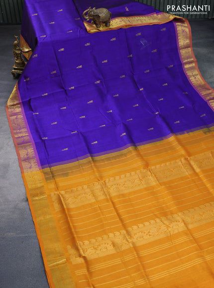 Silk cotton saree blue and mango yellow with zari woven buttas and annam zari woven border