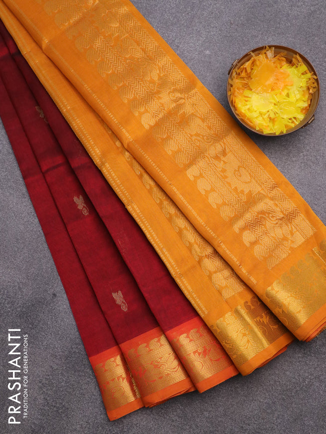 Silk cotton saree maroon and mango yellow with zari woven buttas and annam zari woven border