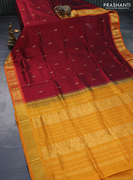 Silk cotton saree maroon and mango yellow with zari woven buttas and annam zari woven border