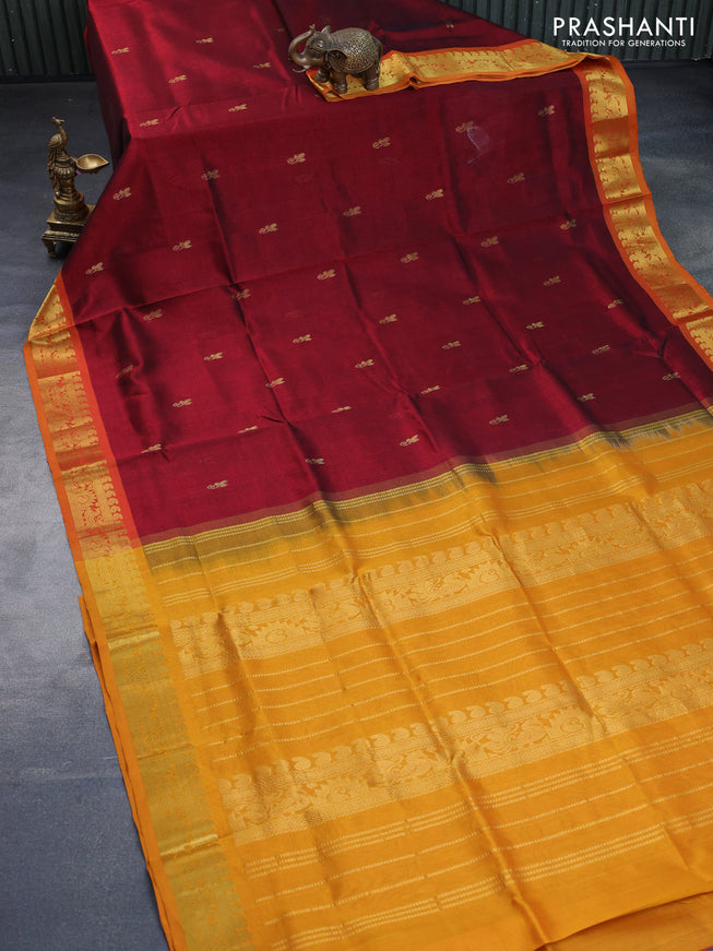 Silk cotton saree maroon and mango yellow with zari woven buttas and annam zari woven border