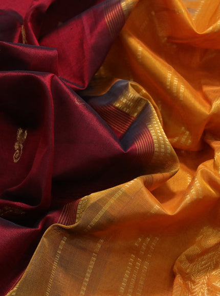 Silk cotton saree maroon and mango yellow with zari woven buttas and annam zari woven border