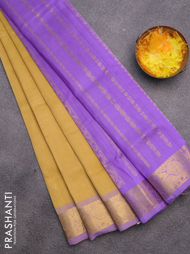 Silk cotton saree yellow and lavender with zari woven buttas and annam zari woven border