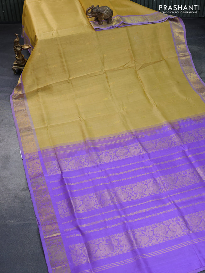 Silk cotton saree yellow and lavender with zari woven buttas and annam zari woven border