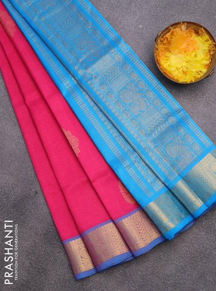 Silk cotton saree pink and cs blue with zari woven buttas and annam zari woven border