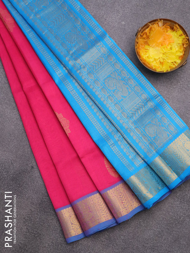 Silk cotton saree pink and cs blue with zari woven buttas and annam zari woven border