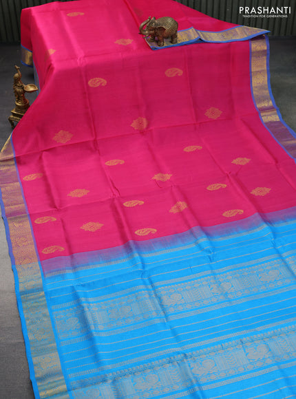 Silk cotton saree pink and cs blue with zari woven buttas and annam zari woven border