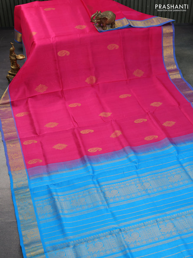 Silk cotton saree pink and cs blue with zari woven buttas and annam zari woven border