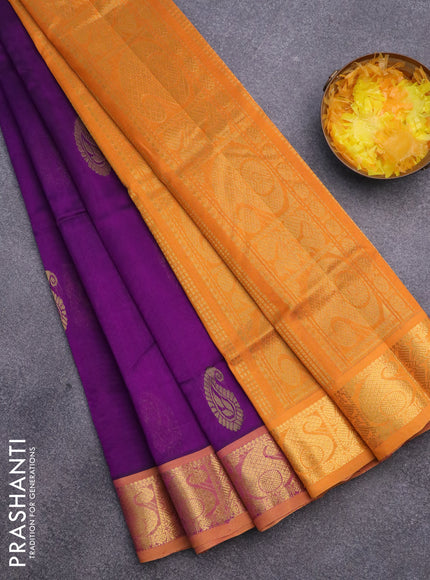 Silk cotton saree purple and mango yellow with zari woven paisley buttas and paisley zari woven border