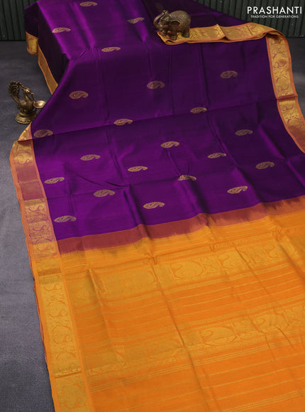 Silk cotton saree purple and mango yellow with zari woven paisley buttas and paisley zari woven border