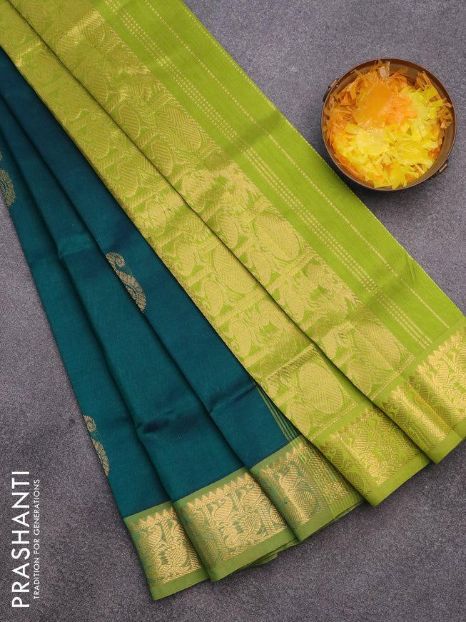 Silk cotton saree peacock green and light green with zari woven paisley buttas and annam zari woven border