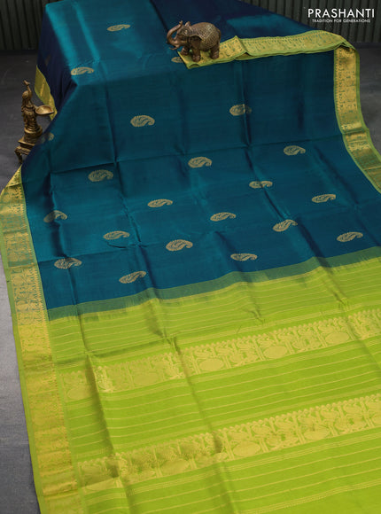 Silk cotton saree peacock green and light green with zari woven paisley buttas and annam zari woven border