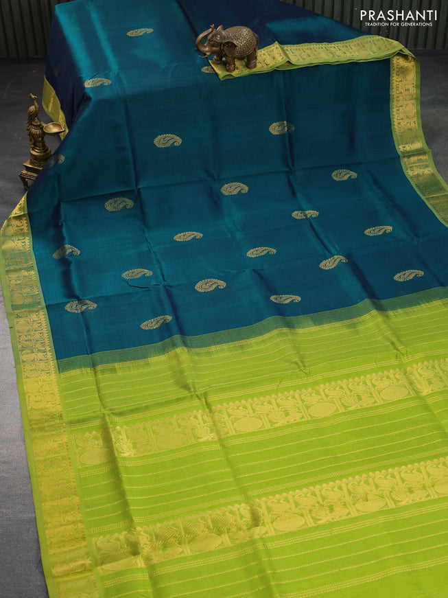 Silk cotton saree peacock green and light green with zari woven paisley buttas and annam zari woven border