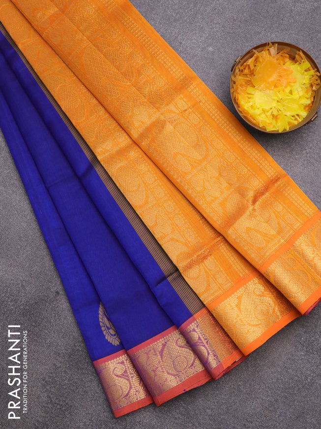 Silk cotton saree blue and mango yellow with zari woven paisley buttas and paisley zari woven border