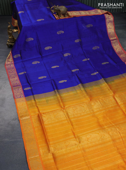 Silk cotton saree blue and mango yellow with zari woven paisley buttas and paisley zari woven border