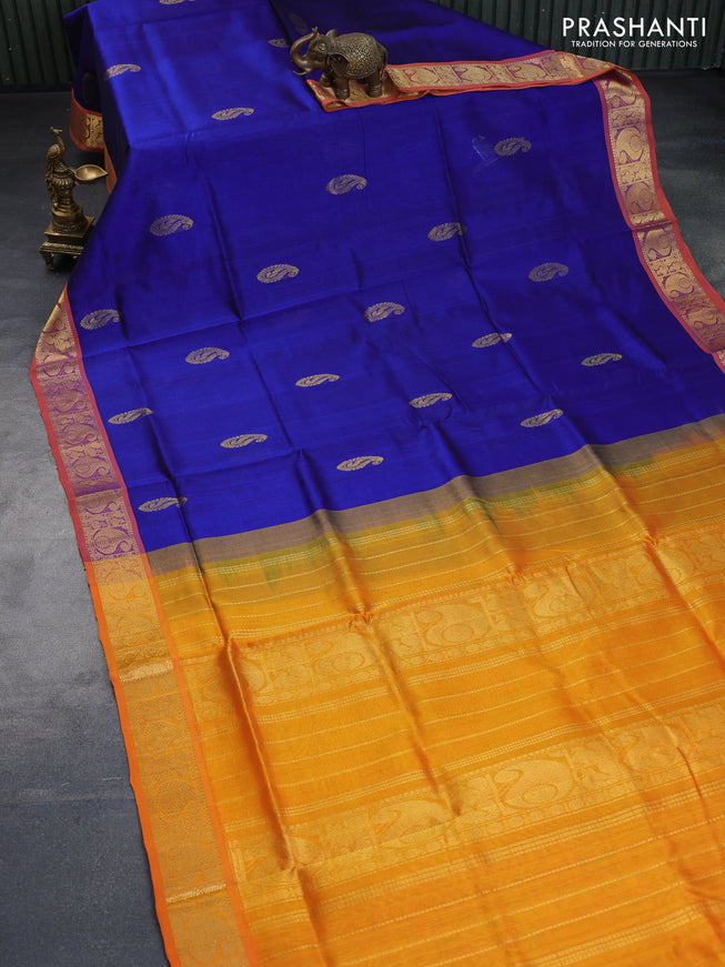 Silk cotton saree blue and mango yellow with zari woven paisley buttas and paisley zari woven border