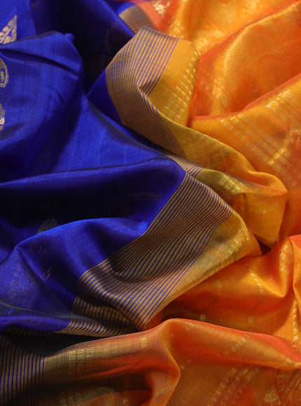 Silk cotton saree blue and mango yellow with zari woven paisley buttas and paisley zari woven border