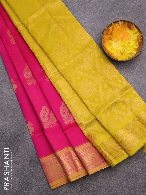 Silk cotton saree pink and yellow with annam zari woven buttas and zari woven border