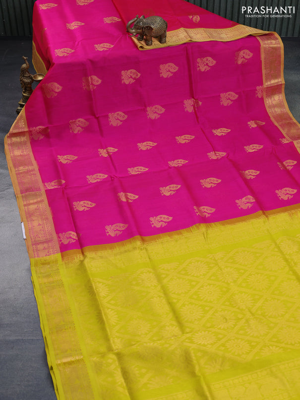 Silk cotton saree pink and yellow with annam zari woven buttas and zari woven border