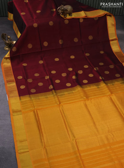 Silk cotton saree maroon and mango yellow with rudhraksha zari woven buttas and zari woven border