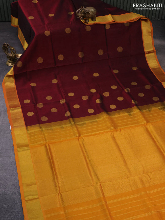 Silk cotton saree maroon and mango yellow with rudhraksha zari woven buttas and zari woven border