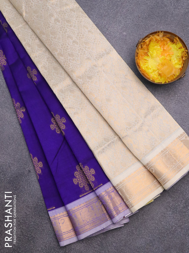 Silk cotton saree blue and cream with zari woven buttas and annam zari woven border