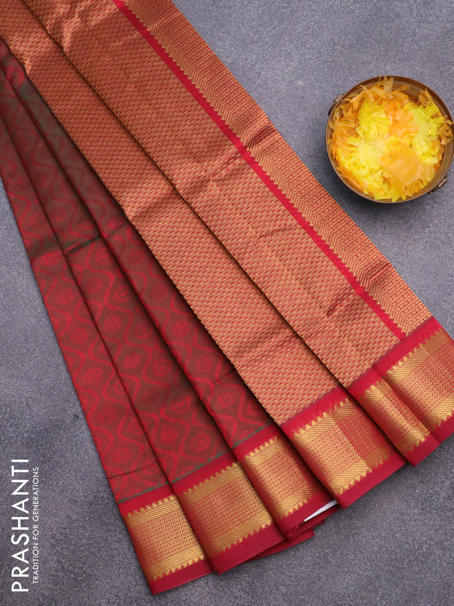 Silk cotton saree dual shade of greenish maroon with allover self emboss & jacquard and rich zari woven border