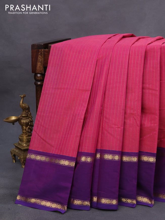 Kanchi cotton saree magenta pink and violet with allover zari woven stripes pattern and rettapet zari woven border