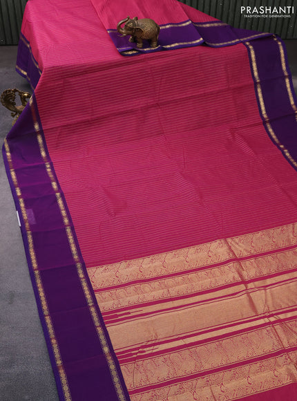 Kanchi cotton saree magenta pink and violet with allover zari woven stripes pattern and rettapet zari woven border