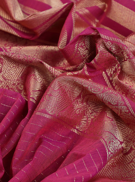 Kanchi cotton saree magenta pink and violet with allover zari woven stripes pattern and rettapet zari woven border