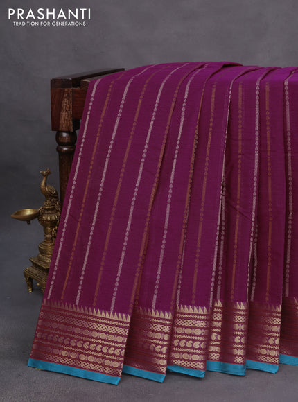 Kanchi cotton saree dark magenta pink and teal blue with allover thread woven stripes pattern and zari woven border