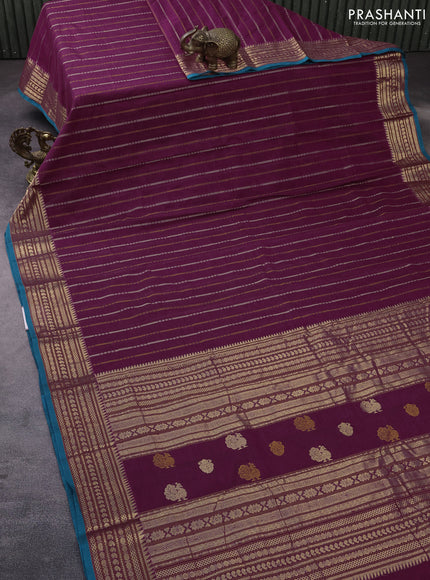 Kanchi cotton saree dark magenta pink and teal blue with allover thread woven stripes pattern and zari woven border