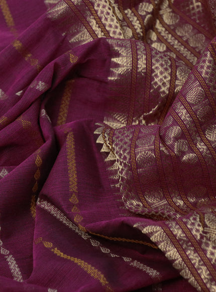 Kanchi cotton saree dark magenta pink and teal blue with allover thread woven stripes pattern and zari woven border