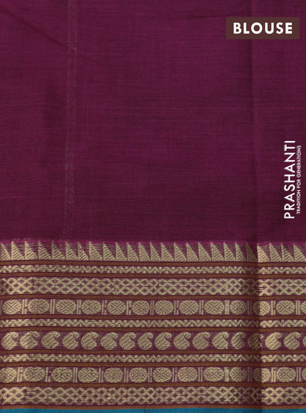 Kanchi cotton saree dark magenta pink and teal blue with allover thread woven stripes pattern and zari woven border