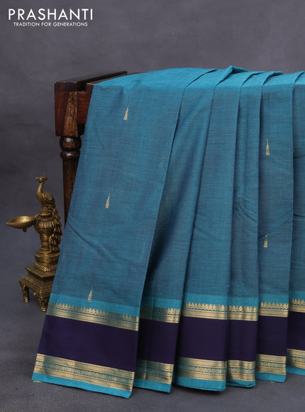 Kanchi cotton saree peacock green and navy blue with zari woven buttas and rettapet zari woven border