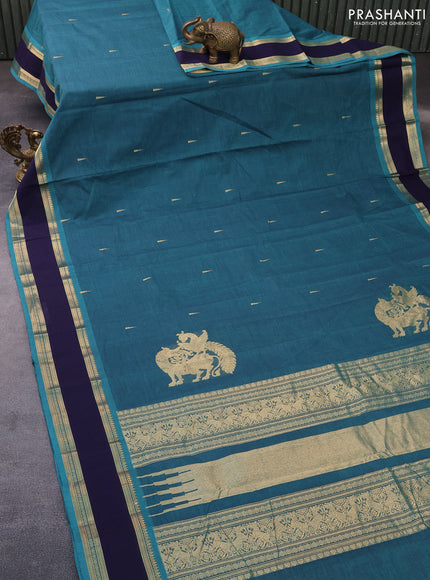 Kanchi cotton saree peacock green and navy blue with zari woven buttas and rettapet zari woven border