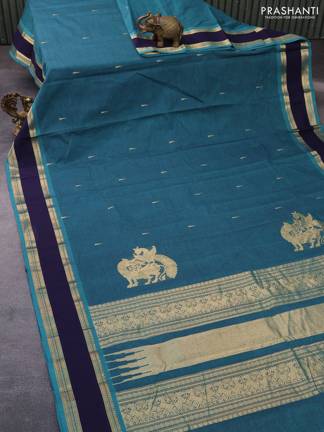 Kanchi cotton saree peacock green and navy blue with zari woven buttas and rettapet zari woven border