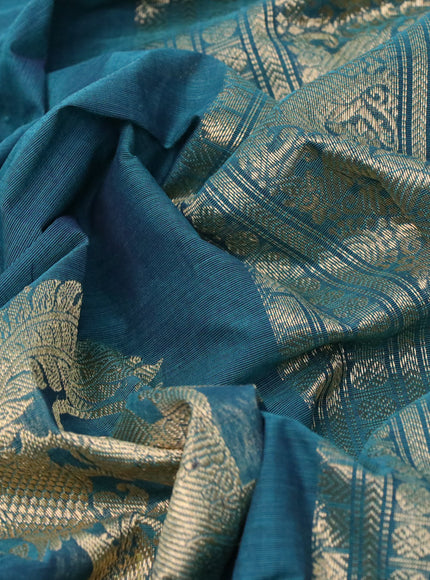 Kanchi cotton saree peacock green and navy blue with zari woven buttas and rettapet zari woven border