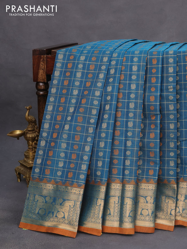 Kanchi cotton saree peacock blue and mustard shade with allover thread woven checks & buttas and zari woven border