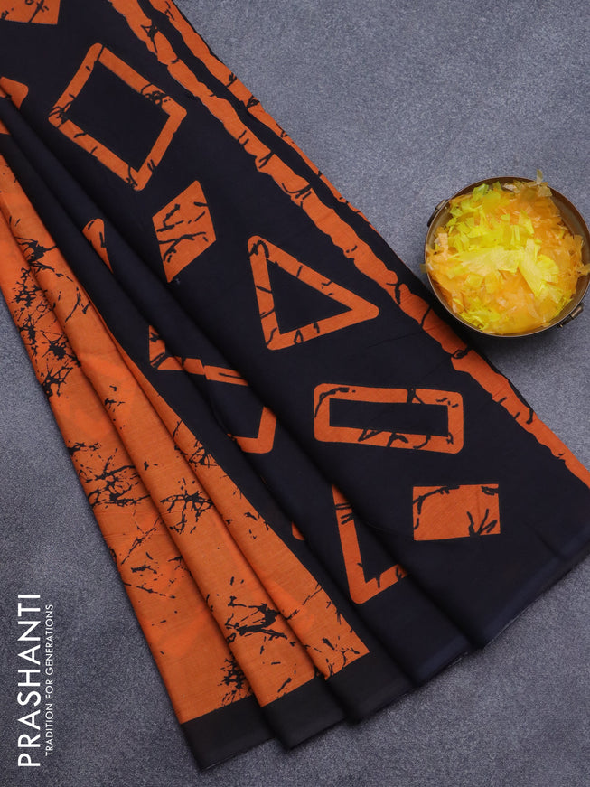 Jaipur cotton saree orange and black with allover prints and printed border