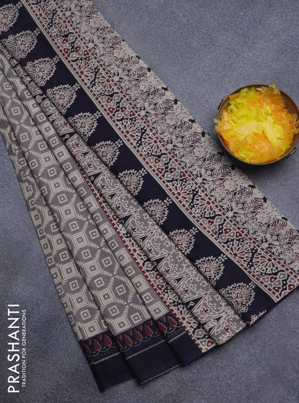 Jaipur cotton saree grey shade and dark blue with allover prints and printed border