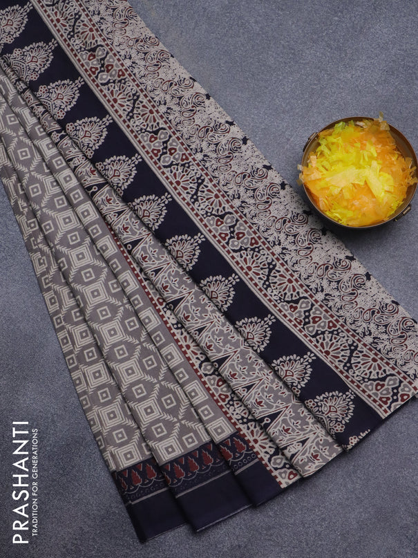 Jaipur cotton saree grey shade and dark blue with allover prints and printed border